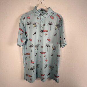 Bad Birdie Mens Golf Polo Shirt XL Retro Blue Car Oasis Flamingo Short Sleeve